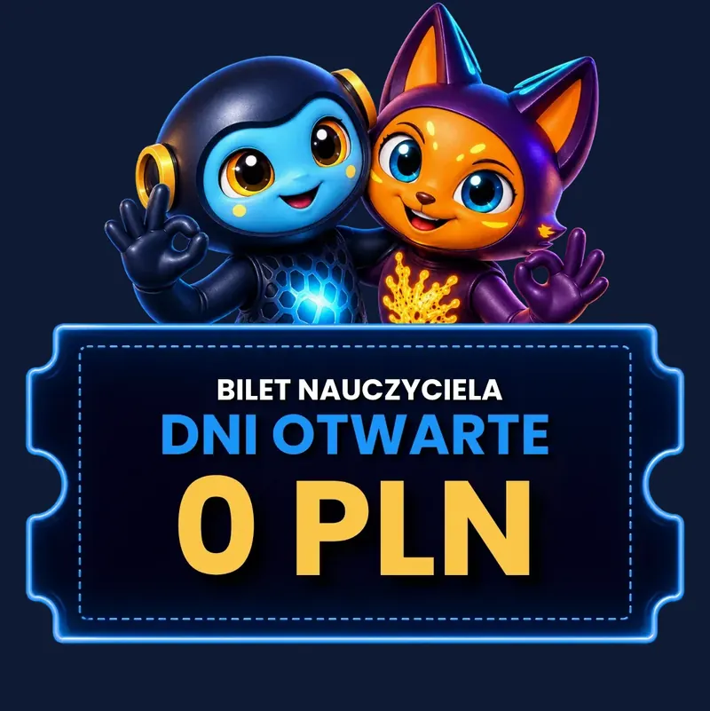 Grafika EDU Days: maskotki Alvernia Planet nad biletem z napisem „Bilet nauczyciela — dni otwarte — 0 PLN”