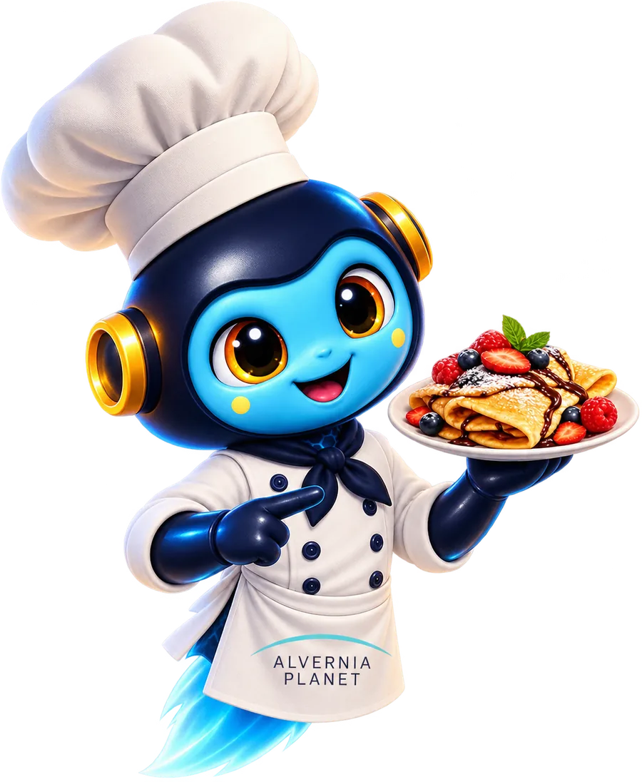 Alvernia, the Alvernia Planet mascot, dressed as a chef holding a plate of pancakes