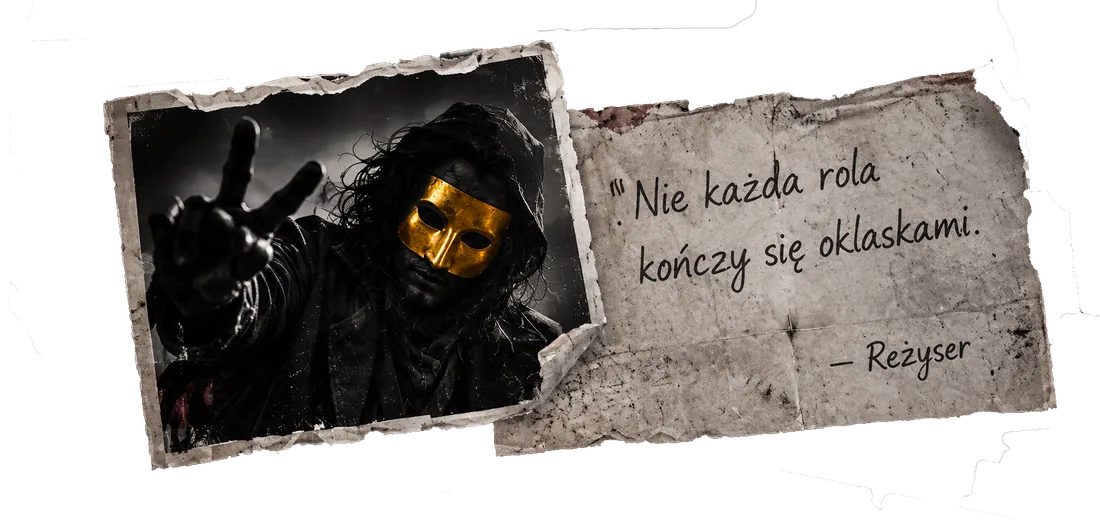 Podarte zdjęcie postaci w złotej masce i kartka z odręcznym cytatem: „Nie każda rola kończy się oklaskami.” — Reżyser