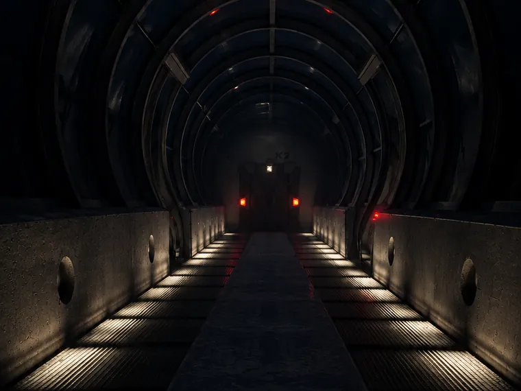 Tunel sci-fi z łukowymi żebrami i rzędami świateł przy podłodze, w głębi czerwone lampki