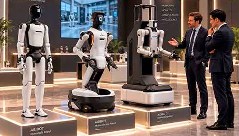 Salon robotów: humanoidy na podestach i dwaj mężczyźni w garniturach