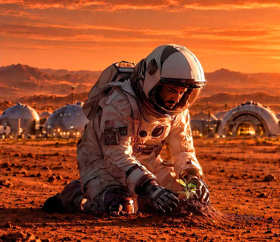 Astronauta klęczy na marsjańskim gruncie i sadzi roślinę, w tle kopuły kolonii
