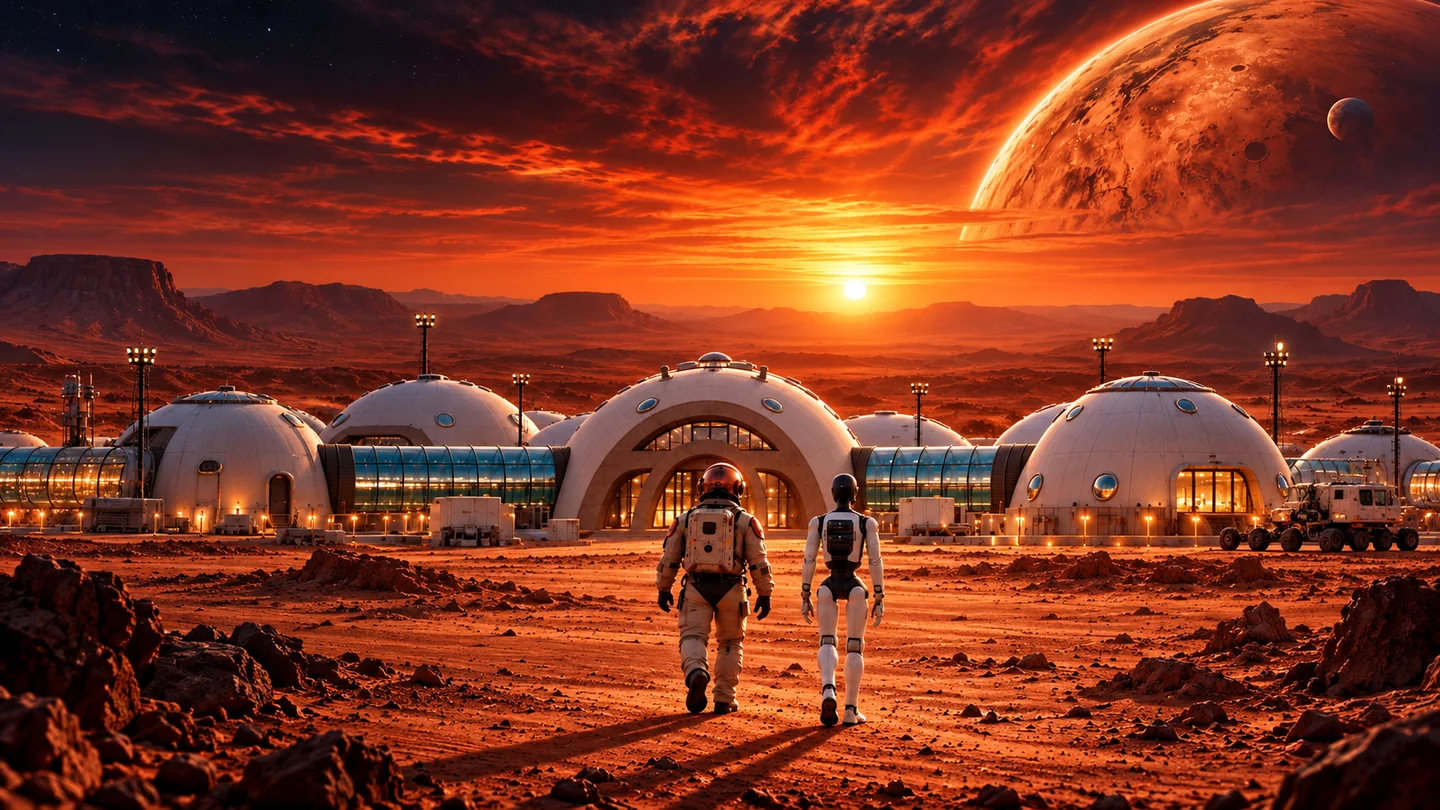 Astronauta i humanoid idą w stronę kopuły kolonii na Marsie o zachodzie słońca