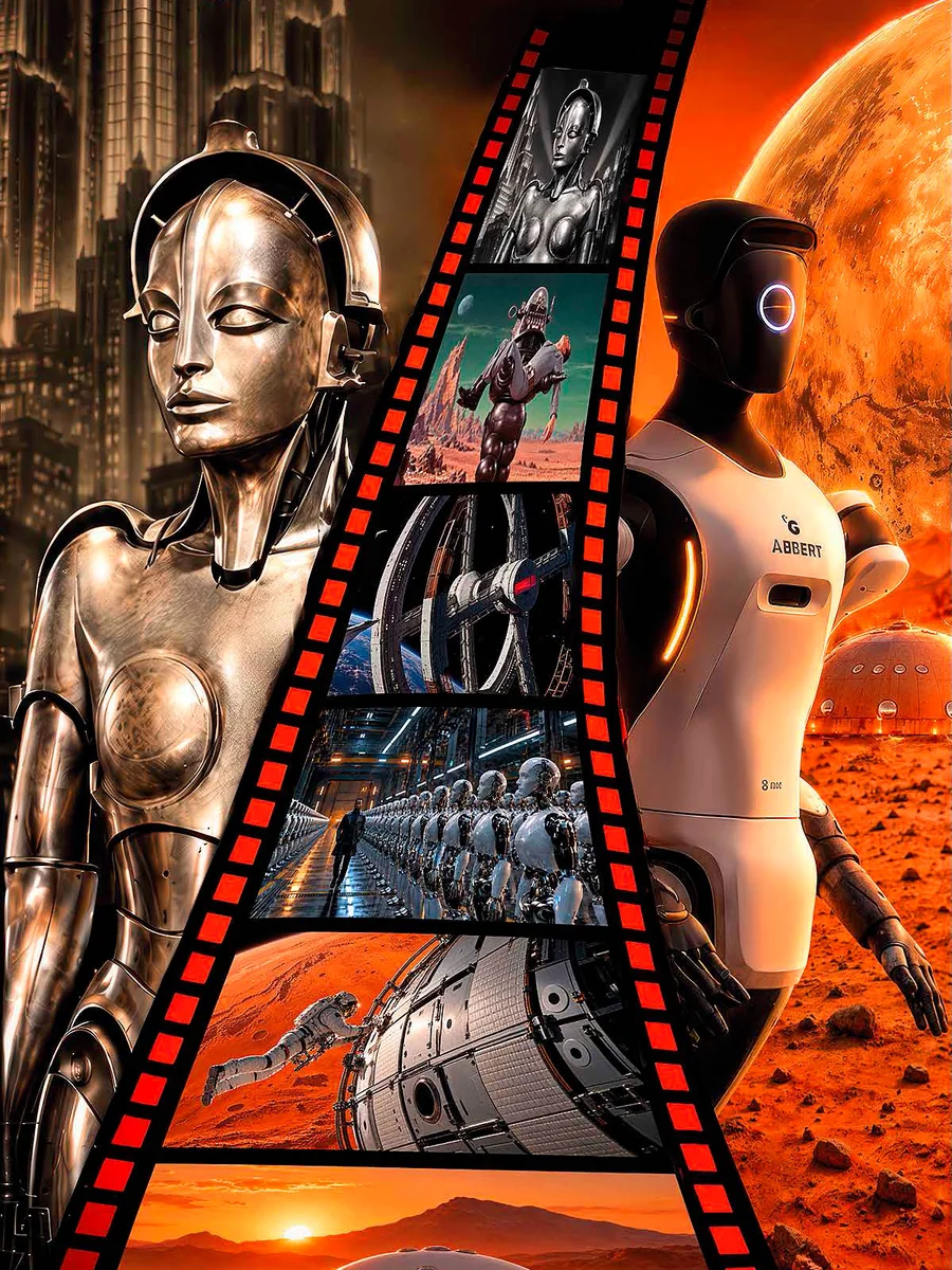 Robot Maria z „Metropolis” i współczesny humanoid, między nimi klisza filmowa z kadrami robotów, w tle Mars