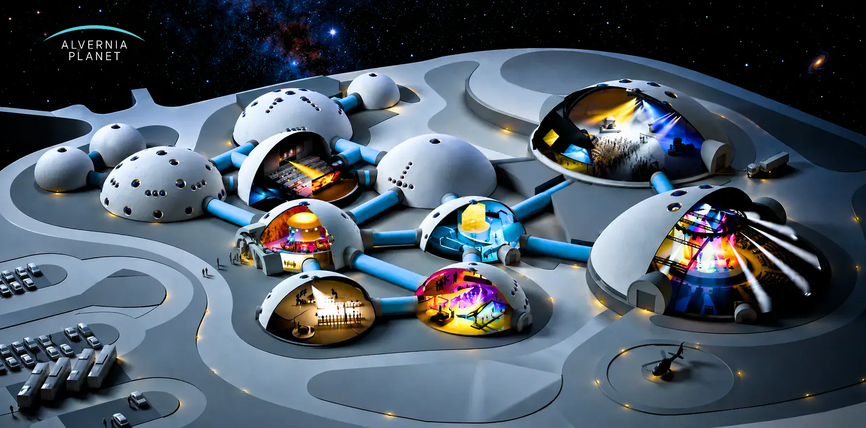 Visualisierung des Alvernia-Planet-Komplexes mit den markierten Kuppeln K3, K7, K10 und K12